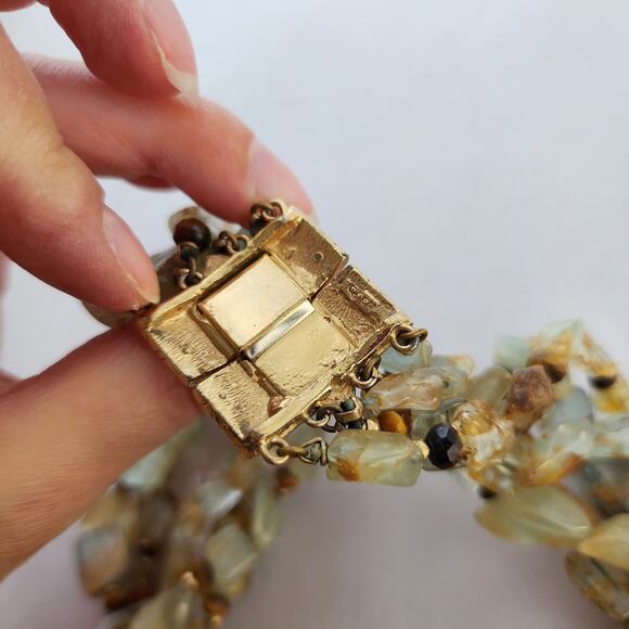 CINER Semiprecious 5 Strand Natural Aquamarine Stone, Tiger Eye Statement Choker - Picture 7 of 12